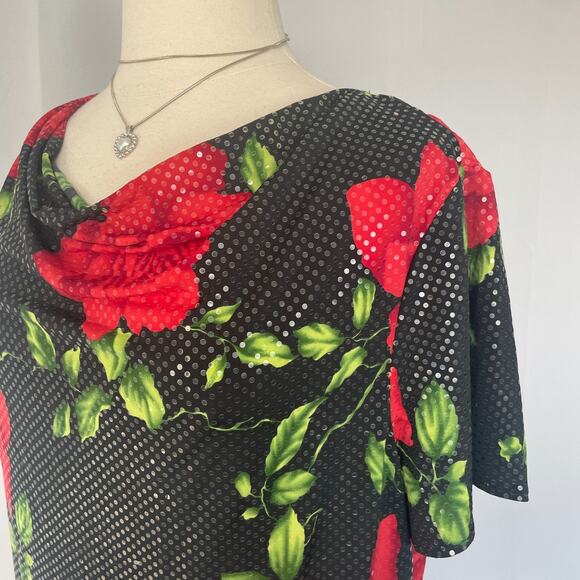Vintage Midi Dress Plus Size 2XL 3XL Black Red Rose Floral Sparkle Romantic Y2K - Picture 7 of 15